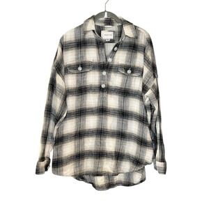 American Eagle Boyfriend Fit Oversize Plaid Flannel Henley Popover Tunic Black